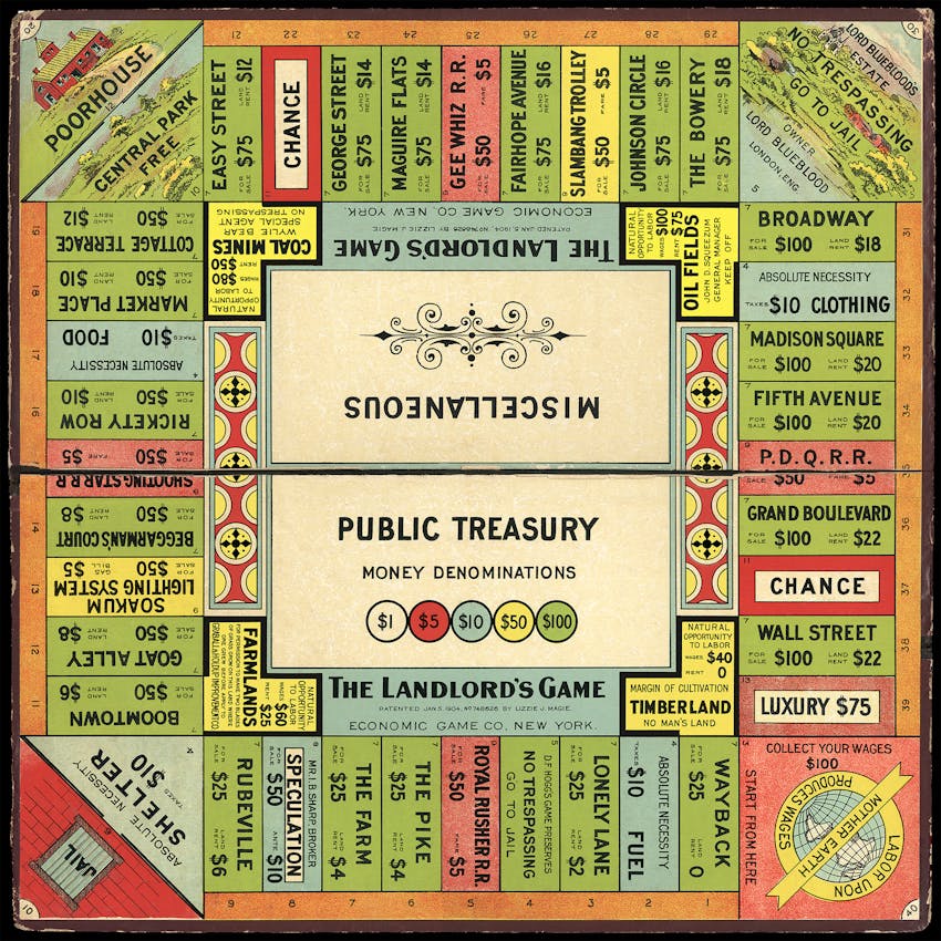 A square board game, "The Landlord's Game," with a central section labeled "Public Treasury" and "Money Denominations" showing $1, $5, $10, $50, and $100 bills. The 1903 board uses muted and earthy tones, primarily featuring shades of brown, beige, and green. The game board is divided into properties, including "Poorhouse," "Easy Street," "Coal Mines," "Oil Fields," "Broadway," "Market Place," "Rickety Row," "Beggarsway Court," "Goat Alley," "Boomtown," "Rubeville," "The Farm," "The Pike," "Lonely Lane," "Wayback," and "Luxury." Some properties have text indicating rent, taxes, or special conditions. There are also "Chance" and "Miscellaneous" spaces, as well as "Go to Jail" and "Jail" spaces. Four corner squares are "Poorhouse," "Jail," "Labor Upon Mother Earth," and "Lord Bluelbloods Estate." [gen AI description].