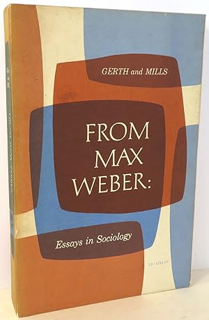 An image of a secondhand paperback copy of From Max Weber, its classic modernist cover of overlapping, irregular, blue shapes on a white background superimposed with the title in white text is unevenly faded by sun damage.